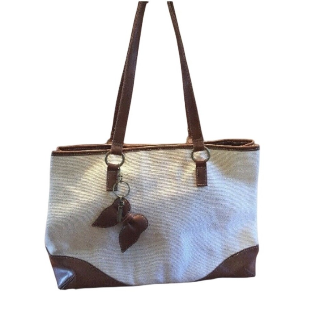 Coldwater Creek Shoulder Tote Bag Ivory Canvas Faux Leather Charm Work Casual
